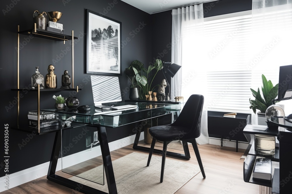 Fototapeta premium decluttered office with sleek black furniture, glass desk, and modern accessories, created with generative ai