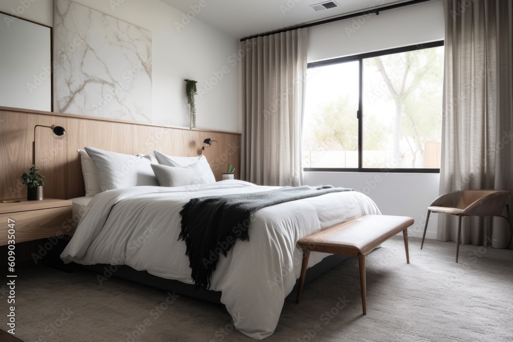 organized and minimalist bedroom, with clean lines, neutral colors, and zero clutter, created with generative ai