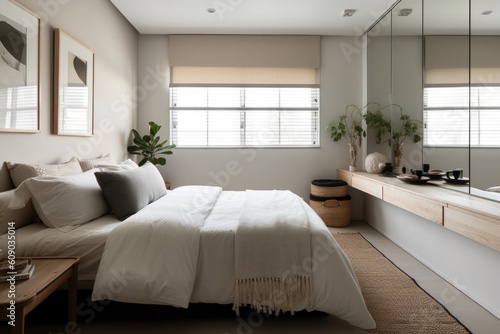 serene bedroom  with simple yet stylish furnishings and clutter-free surfaces  created with generative ai