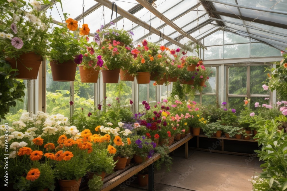 greenhouse with hanging baskets filled with blooming flowers, created with generative ai