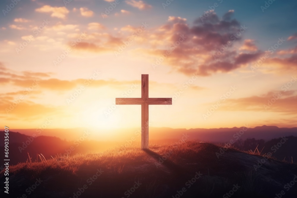 Christian wooden cross on sunset background, Generative AI