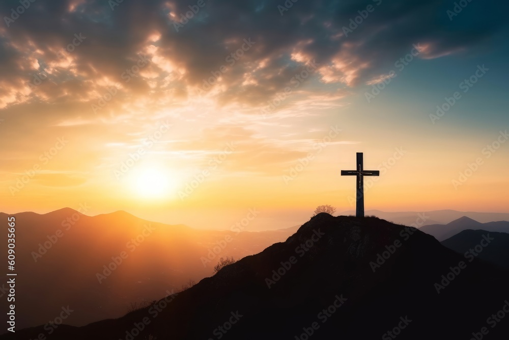 Silhouette cross on mountain sunset background, Generative AI Silhouette cross on mountain sunset background, Generative AI