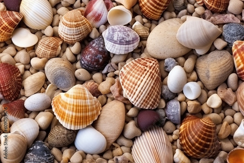 Seashells of different colors. Mollusk shells. Seashell background. Texture of the shells. Mixed colorful seashells as background. Generative AI