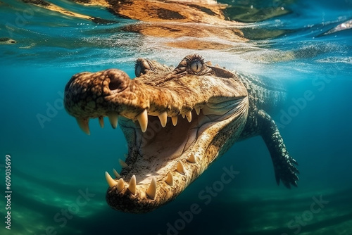 Saltwater amercan crocodile closeup underwater shot. Generative AI © NishanPrabodhana