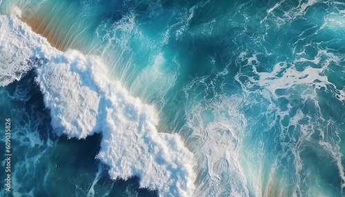 Turquoise ocean water background. View from above to the waves of the ocean. Generative AI