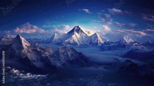 Mountain peak Everest. Highest mountain in the world. Generative AI © piai