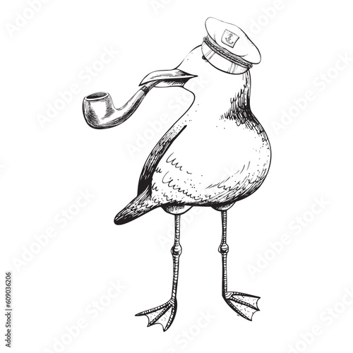 A sea gull in a captain's cap with a tobacco pipe in its beak. EPS hand drawn black and white vector graphic illustration. Isolated composition on a white background.