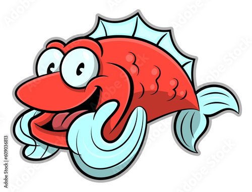 Cartoon illustration of Funny Red Fish with thumbs up gesture. Best for sticker, logo, and Mascot for sea food restaurant
