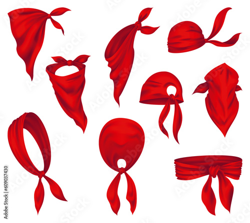 Red realistic bandana on neck. Youth fashion neck scarf or cowboy garment element template. Biker face scarf, bandanna neck shawl. Blank handkerchief unisex uniform. Western clothes