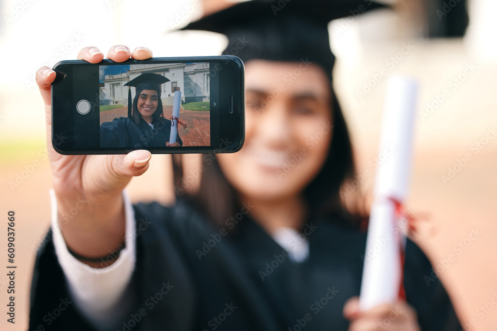 Selfie, certificate and woman with phone in graduation event due to success or achievement on college or university campus. Graduate, happy and young person or student with an education scholarship