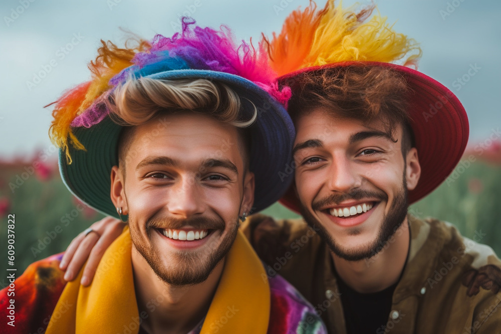 Happy Generative AI gay couple with rainbow flag color pattern ...