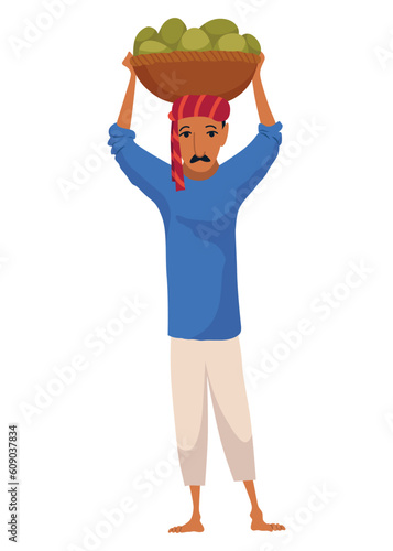 Indian farmer in traditional clothes. Rural man collect or harvesting. Rural business and village concept. Village rural character worker. Isolated vector illustration