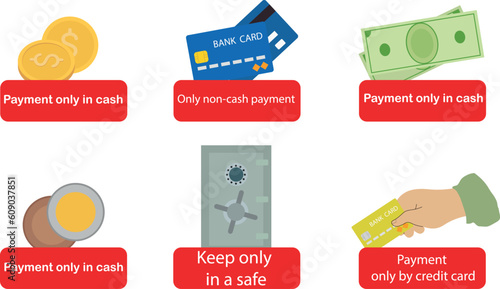 Vector set of money, credit cards. Concept of payment methods