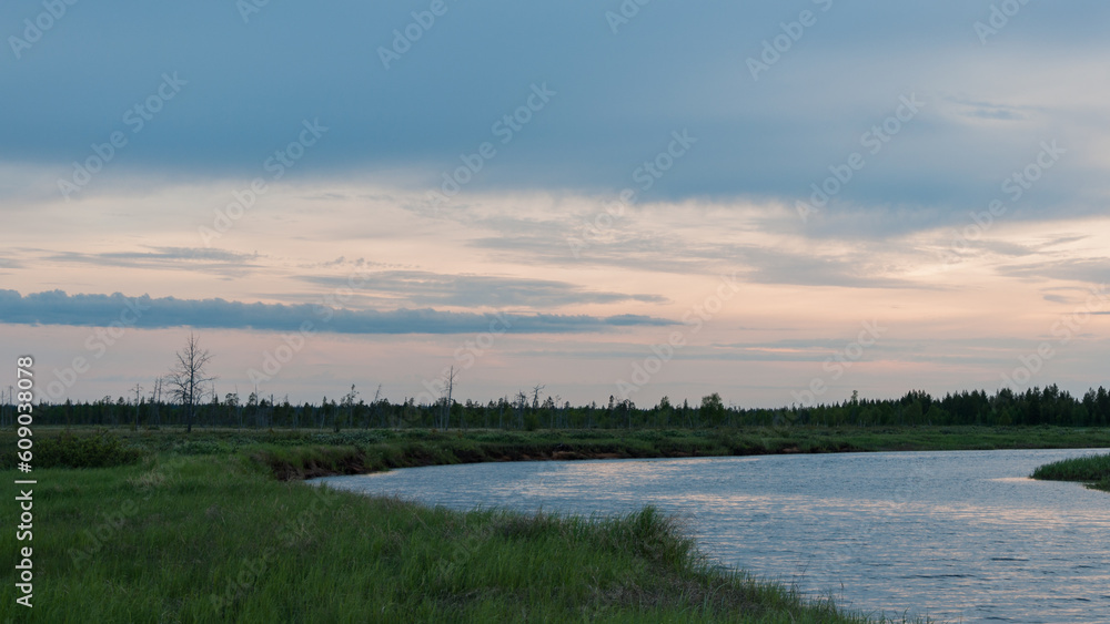 Marsh and trees at summer night by the Luirojoki river in Finnish Lapland
