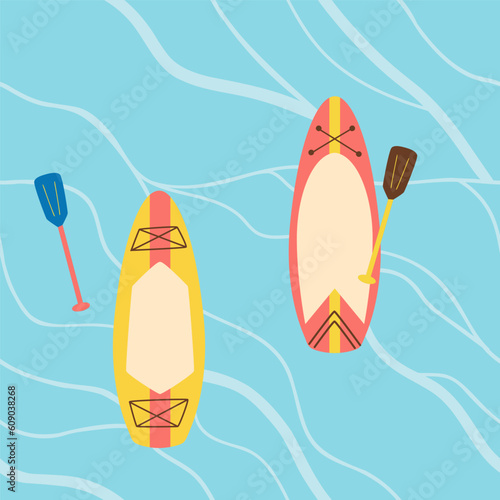 Sup board on water surface background. Paddle boarding sport banner template. Surfboards in the sea, ocean or river. Summer activity vector illustration. Extreme tourism, recreation poster.