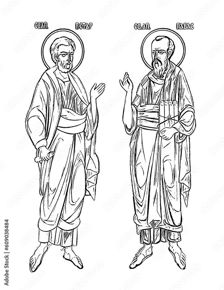 Saint Peter and Paul the Apostle. Coloring page in Byzantine style on white background
