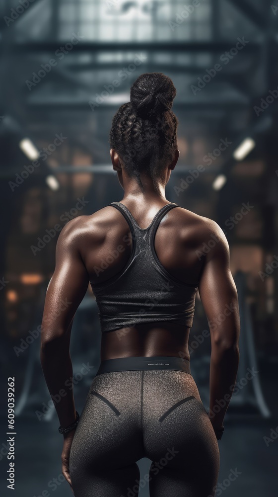 African american woman working out in gym on gym background, copy space for text or design. Generative AI
