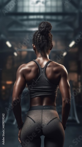 African american woman working out in gym on gym background  copy space for text or design. Generative AI