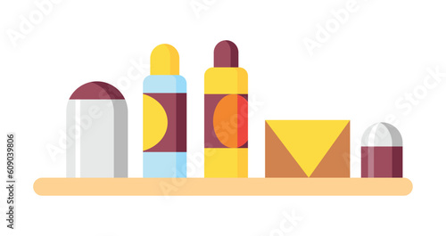 Cartoon bathroom equipment. Shampoo and mouthwash bottle element for dental oral care and others. Flat vector design illustration