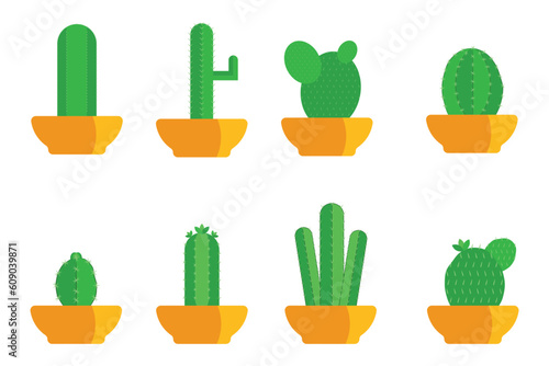 Flat potted cactus plant icons on white background. illustration of cartoon cactus in pots for home decoration