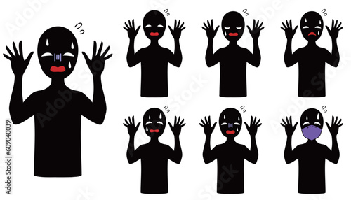 困惑する悪人イメージの黒いシルエットの人物のイラストセット