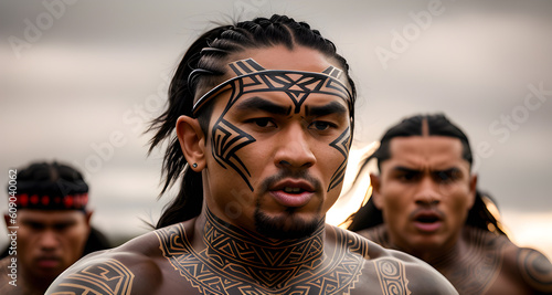Portrait de Maoris tatoués de Nouvelle-Zélande.Spectacle de danse Haka,personne fictive créée avec l'IA générative. photo
