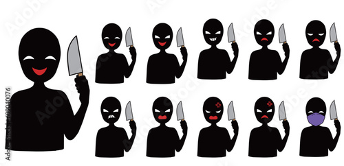 刃物を持った悪人イメージの黒いシルエットの人物のイラストセット