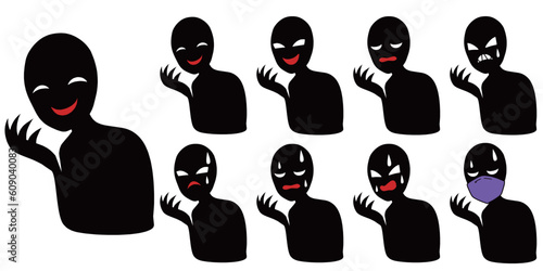 あざ笑うなどの表情の悪人イメージの黒いシルエットの人物のイラストセット