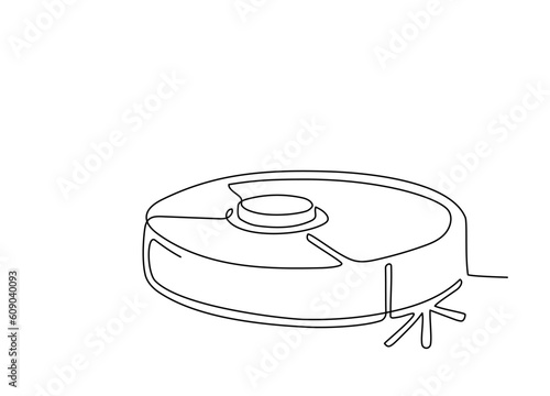 One continuous line drawing of wireless robot vacuum cleaner. Single line drawing of appliance for household and cleaning. Editable stroke contour of vacuum cleaner. Doodle hand drawn vector