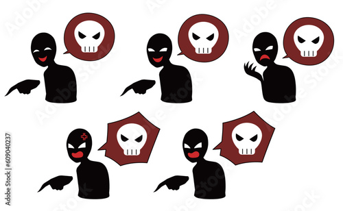悪人イメージの黒いシルエットの人物とドクロマークの吹き出しの誹謗中傷などのイラストセット