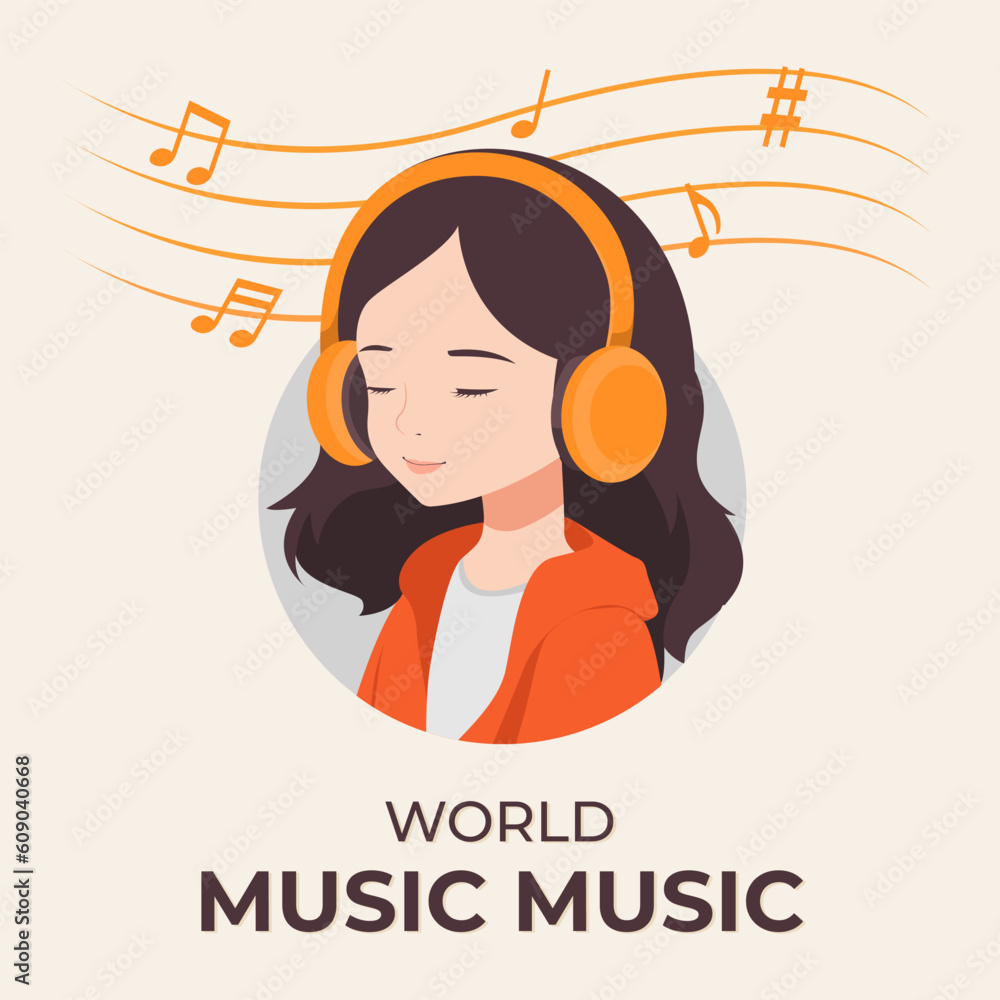 Φωτογραφία Girl listening to music with headphone cartoon vector icon illustration, suitable for celebrating world music day