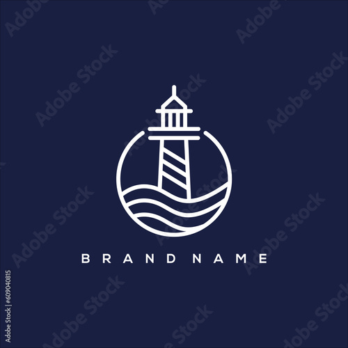 line art lighthouse waves in circle logo vector