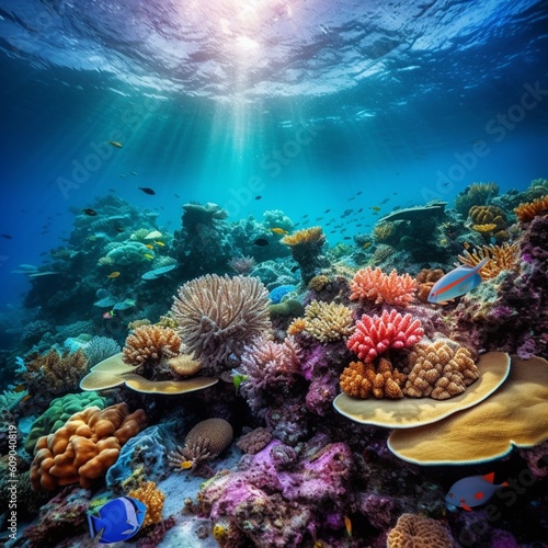 Beneath the Waves  Captivating the Essence of a Thriving Coral Reef Filled with Diverse Marine Species  Generative AI
