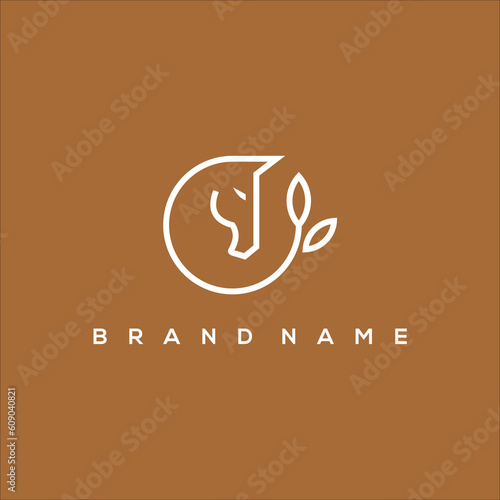 line art horse in circle leaf logo vector