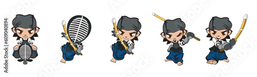 Set of difference pose cute man doing aikido, Japan (Vector)