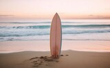 Exquisite Stock Photo: Surfboard Gracefully Upright in Sandy Beach, Background of Powerful Wave, Generative AI