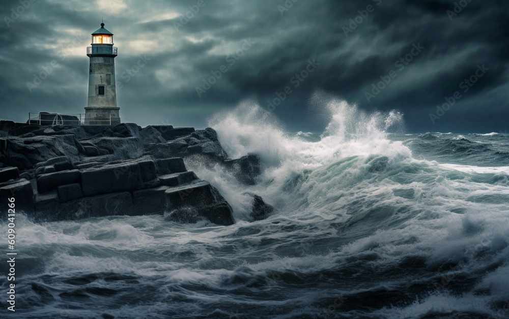 Lighthouse in the Storm: Iconic Beacon Illuminates the Rugged Coastline Amidst Turmoil, Generative AI