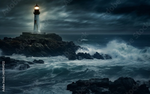 Lighthouse in the Storm: Iconic Beacon Illuminates the Rugged Coastline Amidst Turmoil, Generative AI © junseok