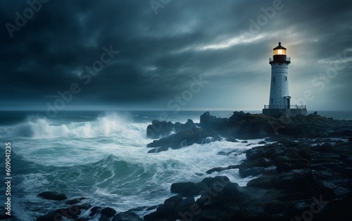 Lighthouse in the Storm  Iconic Beacon Illuminates the Rugged Coastline Amidst Turmoil  Generative AI