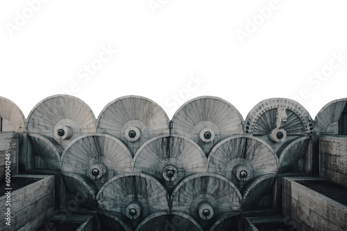 Carved round shape exterior elements, modern architecture isolated PNG photo with transparent background.