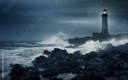 Lighthouse in the Storm: Iconic Beacon Illuminates the Rugged Coastline Amidst Turmoil, Generative AI