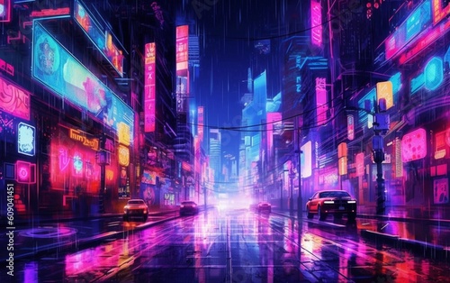 Night Magic  Awe-Inspiring Cityscape with Towering Buildings and Mesmerizing Neon Signs  Generative AI