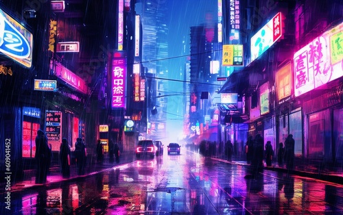 Night Magic: Awe-Inspiring Cityscape with Towering Buildings and Mesmerizing Neon Signs, Generative AI © junseok
