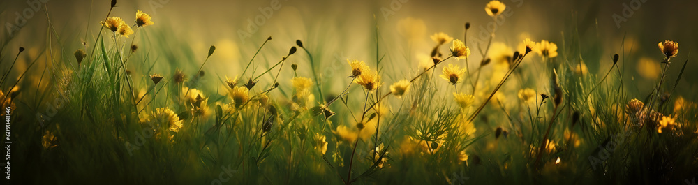 Banner with yellow flowers in green grass. Generate Ai Generative AI Banner with yellow flowers in green grass. Generate Ai Generative AI
