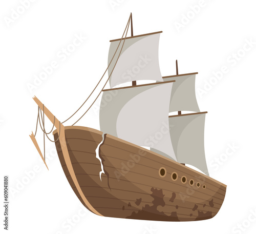 Broken ship icon. Cartoon wooden battered ship with tattered board after wreck or attack. Destroyed, wreck ship isolated on white background