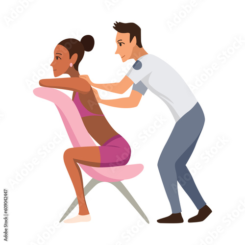 Massage therapist at work. Patient sits on chair, enjoying body relaxing treatment. Physiotherapist practicing massage, isolated cartoon characters. Flat vector illustration