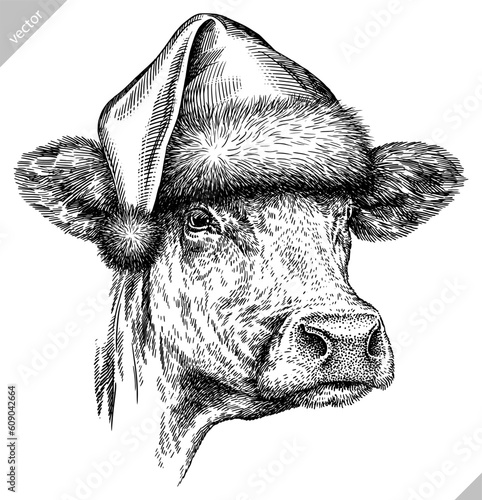 Vintage engraving isolated cow set dressed christmas illustration ink santa costume sketch. Farm bull background beef animal silhouette new year hat art. Black and white hand drawn vector image