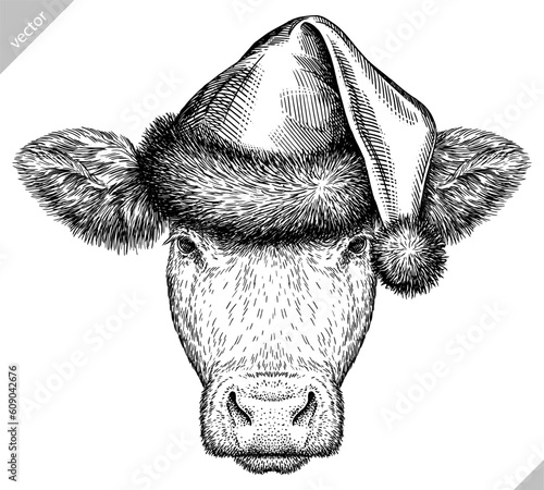 Vintage engraving isolated cow set dressed christmas illustration ink santa costume sketch. Farm bull background beef animal silhouette new year hat art. Black and white hand drawn vector image
