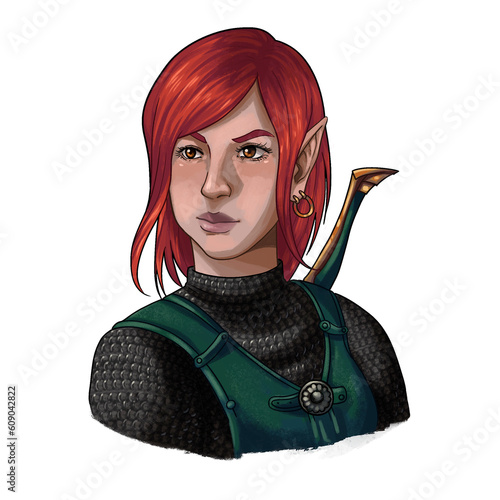 PNG transparent background fantasy character illustration. Female elf, half-elf ranger, hunter, warrior. digital illustration. photo