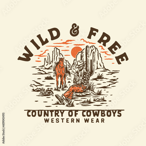 cowboy illustration cactus graphic country design horse vintage desert t shirt western wild